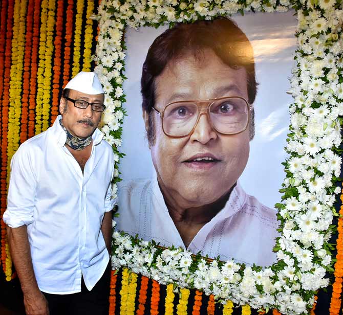 Viju Khote was an active part of Hindi cinema for more than four decades and worked with some of the most accomplished filmmakers.
Pictured: Jackie Shroff posed in front of Viju Khote's portrait at the prayer meet. 