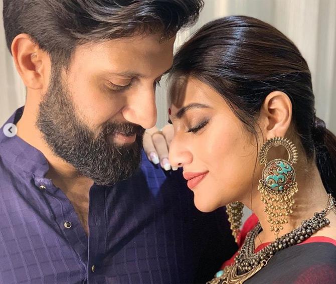 In picture: MP Nusrat Jahan and her husband Nikhil Jain caught in a candid moment after the two performed Puja together on the fifth day of Navratri