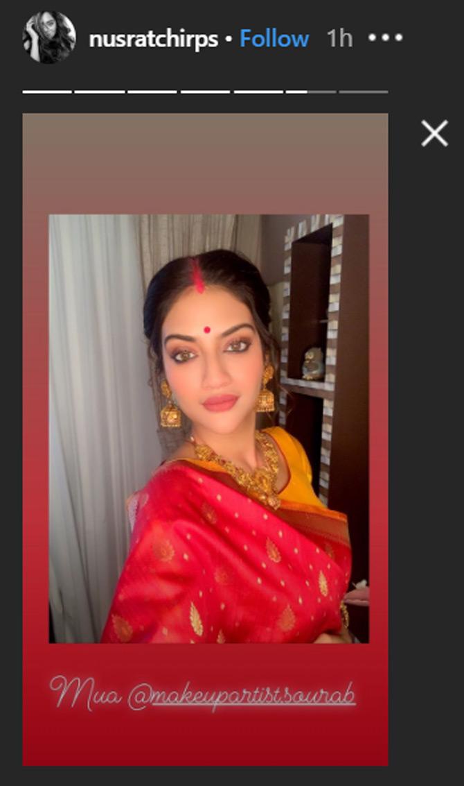 In picture: MP Nusrat Jahan in her traditional Durga Puja outfit takes a selfie