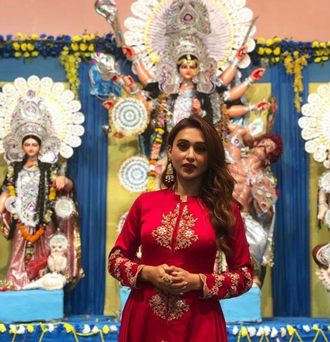 In picture: MP Mimi Chakraborty poses for a picture after taking part in Durga Puja celebrations on the seventh day of Navratri