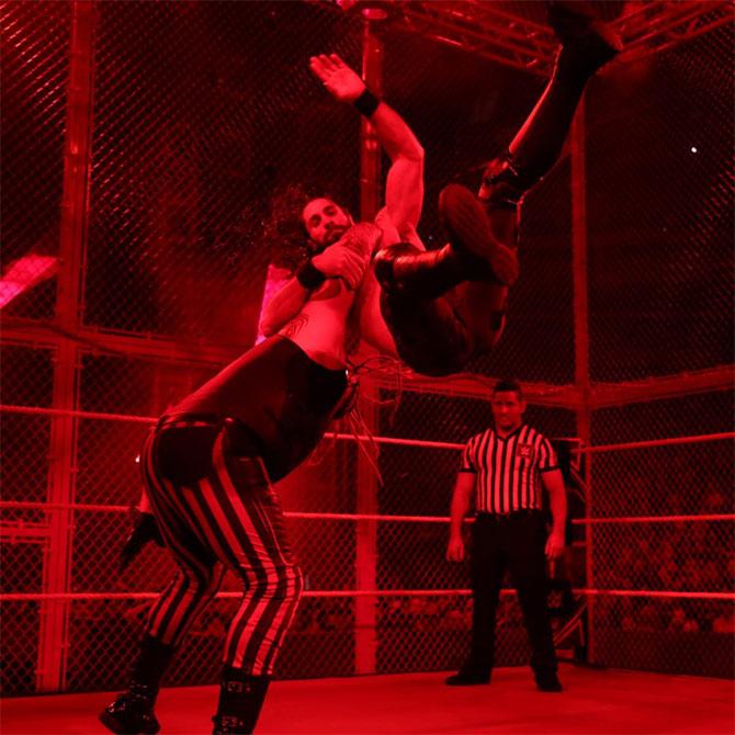 Seth Rollins hit around 12 Stomps on Bray Wyatt but could only get a 1-count.