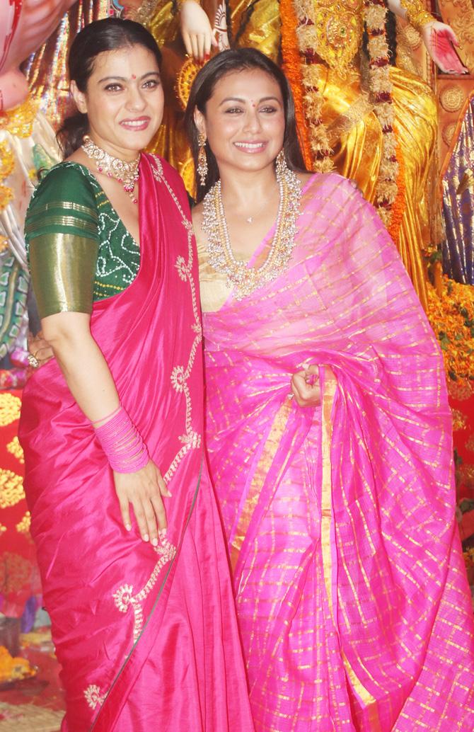 Rani and Kajol have been attending the festivities for past few days, the duo was all happy as they posed for the photographers at the pandal in Juhu.