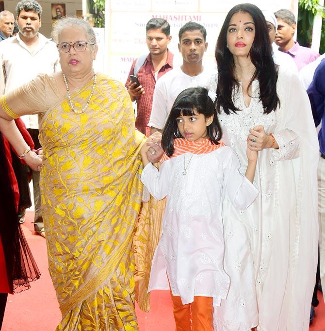 Aishwarya Rai Bachchan along with daughter Aaradhya Bachchan and mother Vrinda Rai attended last day festivities at the North Bombay Sarbojanin Durga Puja Samiti Pandal at a 5-star hotel in Juhu, Mumbai. All pictures/Yogen Shah and Pallav Paliwal