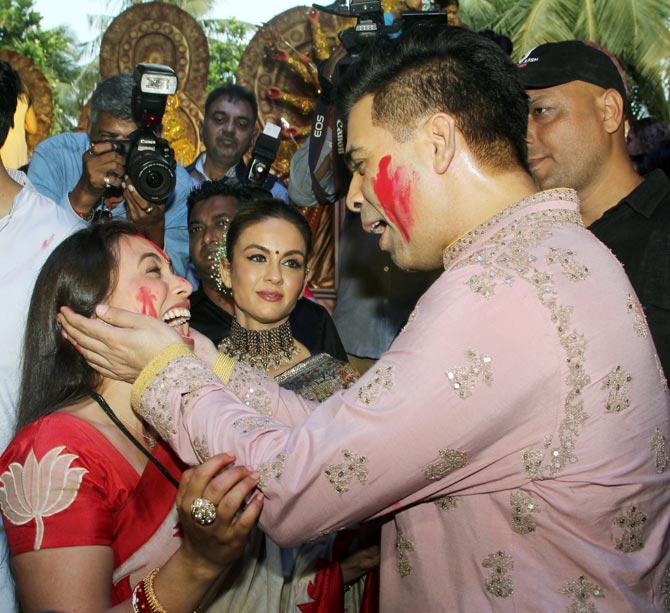 Rani Mukerji and Karan Johar also took part in the traditional ritual of 'Sindoor Khela' on the last day of the Durga Puja festival.