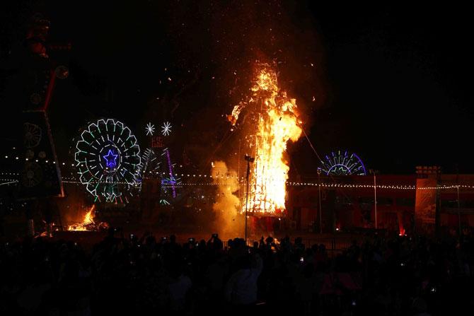 Arvind Kejriwal also witnessed the burning of giant effigies of Ravan, Kumbhakarn and Meghnad signifying the triumph of good over evil, during the event.