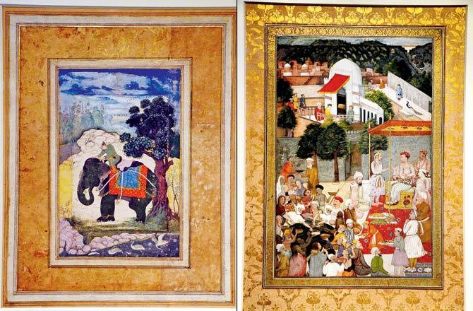 "The miniature artist Kesu Das worked under both emperor Akbar and Jahangir.The atmosphere painted in Elephant and rider c. 1580-1590 AD, shows that Das was experimenting with and deriving from European art," Prapanna explains. Right Jahangir distributing Alms at the Dargah of Ajmer c. 1620 AD from the Muraqqa of Nana Phadnis depicts how Mughal painters drew from the perspective and distant landscape that was typical to European art, which according to Prapanna, Jahangir encouraged. Pics/Suresh Karkera