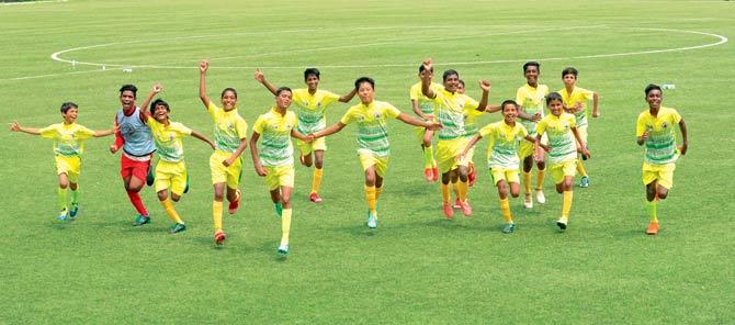 The U-16 football team of Colaba Municipal Secondary School celebrate after beating Campion School at the Mumbai School Sports Association MSSA Knockout tournament, Cooperage Ground, on September 24. Pic/Suresh Karkera
