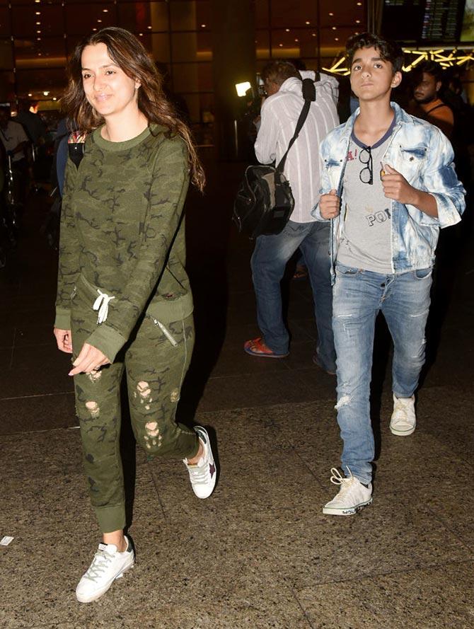 Bobby Deol's wife Tanya wore a military coloured sweatshirt and matching track pants as she arrived at the airport, while son Dharam wore a denim jacket and pants with a grey v-neck tee.