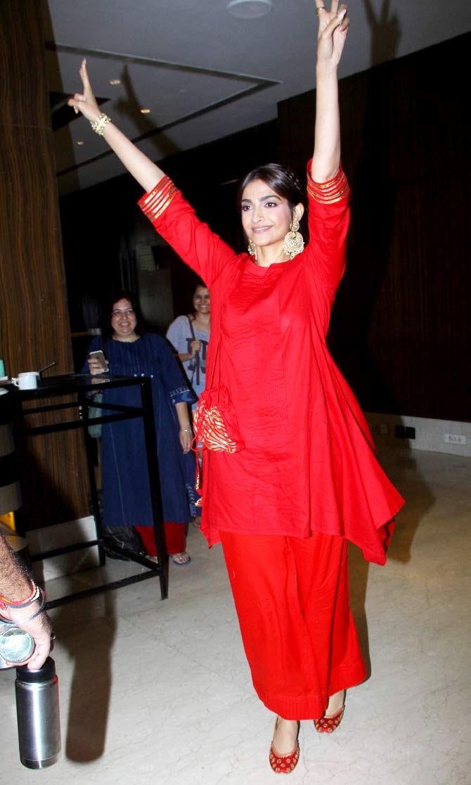 Sonam Kapoor was in high spirits during the promotions of her upcoming film, The Zoya Factor, at a plush hotel in Juhu, Mumbai. (All pictures/Yogen Shah)