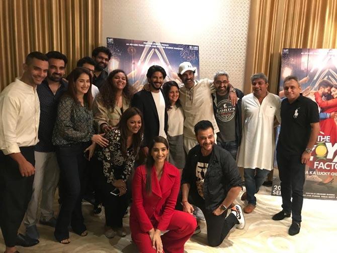 The entire cast of The Zoya Factor and the cricketers in attendance posed together for the cameras at the special screening in Mumbai. 