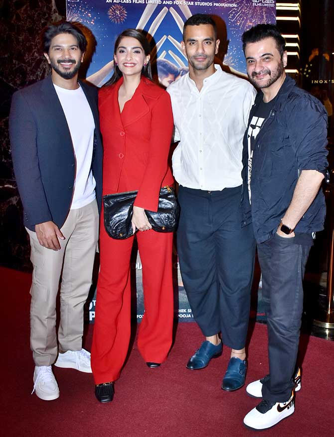 Sonam Kapoor, Dulquer Salmaan, Sanjay Kapoor and Angad Bedi posed for the paps at the screening. The Zoya Factor is based on Anuja Chauhan's novel by the same name.