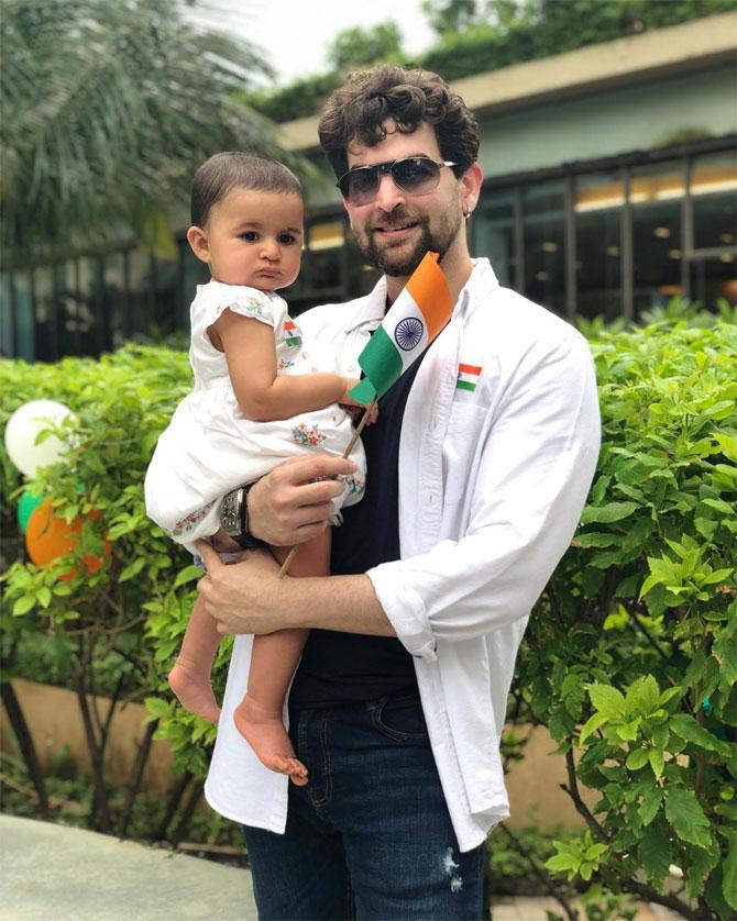 A picture clicked on August 15, 2019! Neil Nitin Mukesh shared Nurvi picture and wrote alongside: Celebrating Nurvi's First independence Day. HAPPY INDEPENDENCE DAY TO YOU ALL. JAI HIND