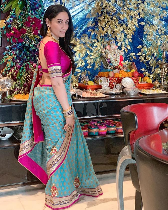 After photos of Sanjay Dutt and Maanayata Dutt's son Shahraan welcoming Lord Ganesha home surfaced online, the boss lady shared a lovely photograph of Ganpati Bappa all decked up. Dressed in a sari, Maanayata looks beautiful. She shared this picture on her Instagram account and wrote: 