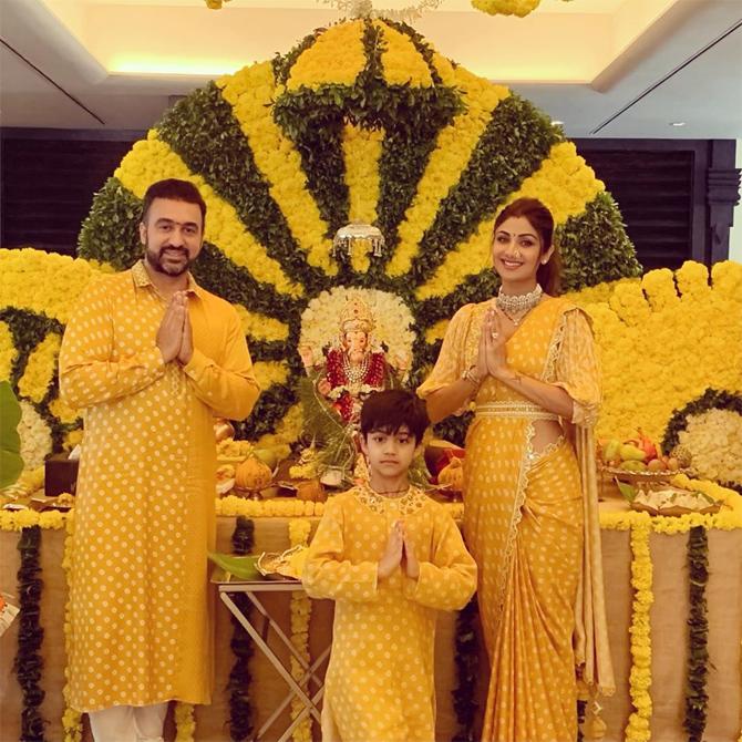 Shilpa Shetty and family chose the colour 'yellow' as their 'Ganpati' theme, which signifies happiness and hope. Dressed in a Maharashtrian avatar, Shilpa looked beautiful in the yellow ensemble. Husband Raj Kundra and son Viaan Raj Kundra also wore yellow kurtas and pyjamas. The actress vouches for eco-friendly Ganpati idols.
Isn't the family shining bright?