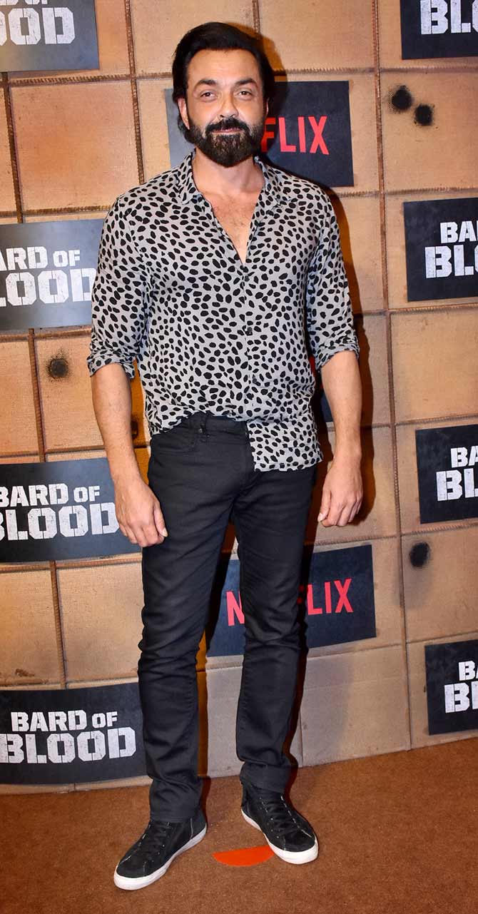 Bobby Deol sported an animal printed shirt and black denim as he arrived at the special screening of Bard Of Blood in Lower Parel.