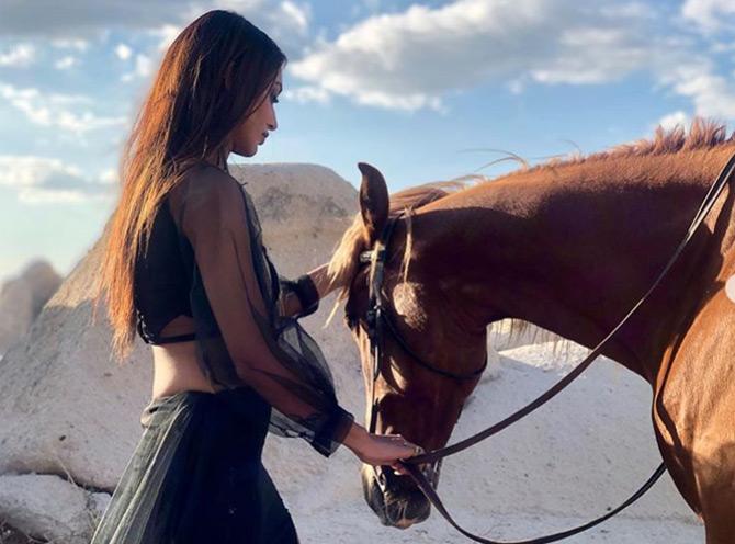Recently, Mimi Chakraborty launched her own YouTube channel and while sharing the good news with her fans, Mimi shared this stunning picture where she is seen in an all-black ensemble caressing a horse