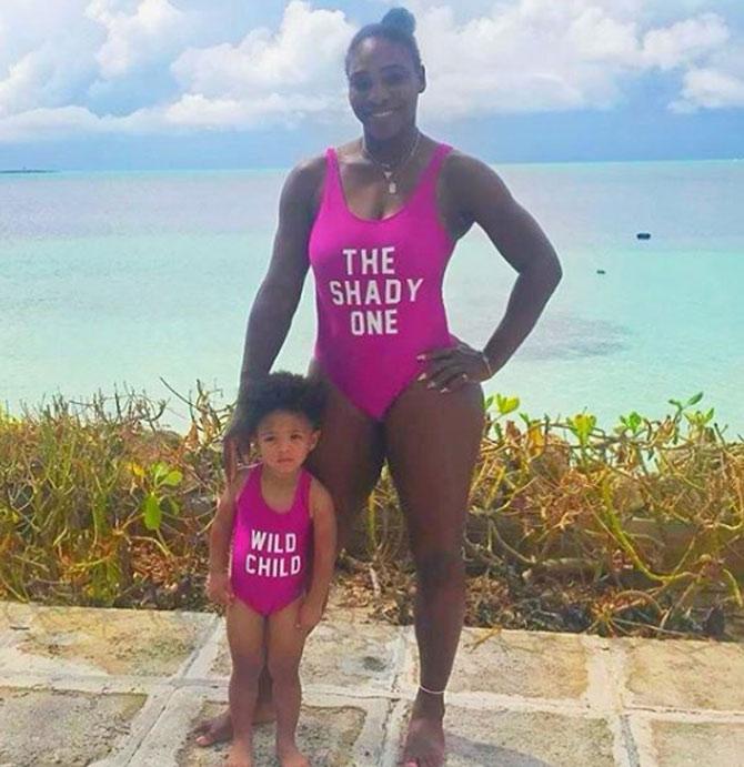 Serena showed her humourous side as she shared this picture with her daughter as the two were twinning in pink swimsuits. Serena had the words 'The Shady One' written on hers, while daughter Olympia had 'Wild Child' on hers