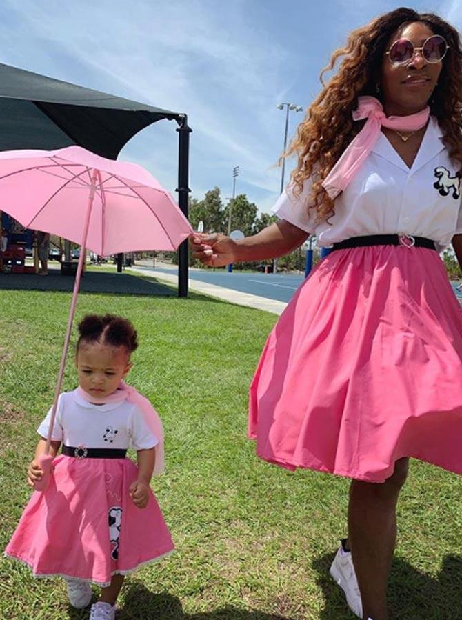 Serena Williams and daughter Olympia seen twinning in pink skirts and white tops in this pic clicked by her husband.