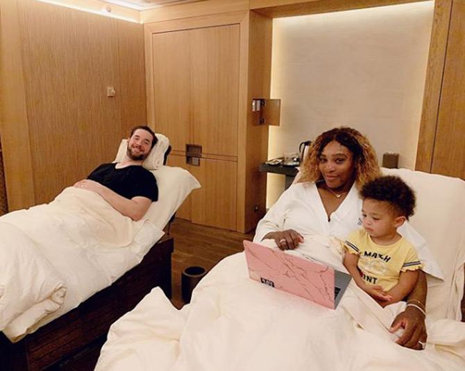 Serena Williams shared this pic with husband Alexis and daughter Olympia and captioned it: Day off getting reflexology at the @thepeninsulaparis @olympiaohanian joined us. She’s obsessed with the little mermaid (So am I)