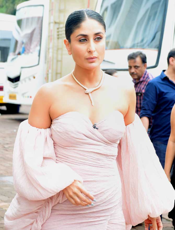 Kareena Kapoor Khan kept her makeup minimal and tied her hair back in a sleek bun. Kareena is one of three judges on the dance reality show Dance India Dance. The other two judges are Raftaar and Bosco Martis.