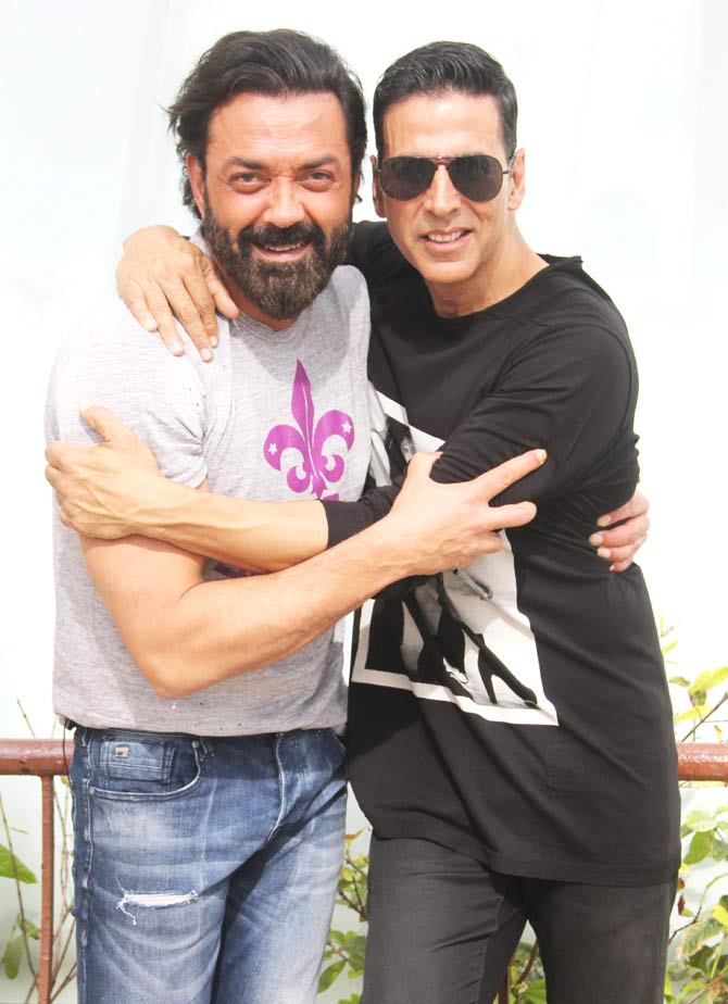Until now, the franchise would occupy the summer slot for its release. However, this year, Housefull 4 has sealed the Diwali slot. With none of the Khans' releasing their film on the festival, Akshay Kumar is making the most out of this auspicious festive release date. Reportedly, Akshay might also rap for this reincarnation comedy.
In picture: Akshay Kumar and Bobby Deol pose for the photographers in Juhu.