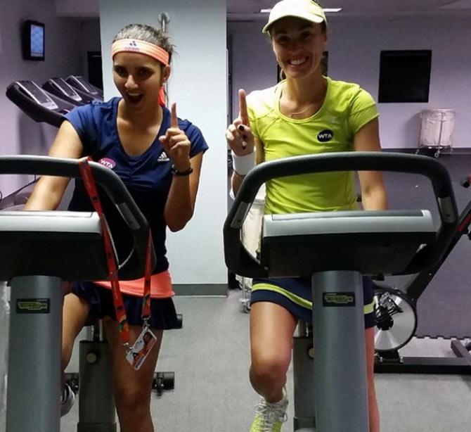 Martina Hingis shared this photo with partner and friend Sania Mirza and captioned it, 'Happy with another win! @miamiopentennis finals here we come! @mirzasaniar'