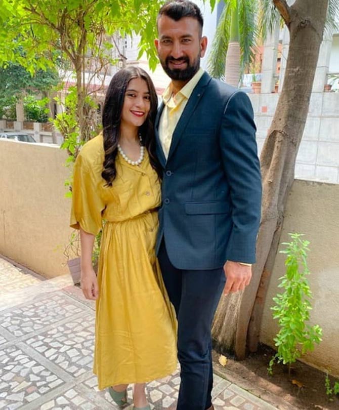 Cheteshwar Pujara: The batsman from Gujrat has played 68 Tests and scored a total of 5,426 runs at an average of 51.19. Pujara has 18 centuries and 20 fifties to his name. His highest score is 206*.
In picture: Cheteshwar Pujara with wife Puja Pabari