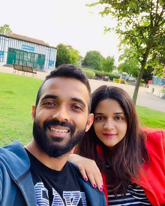 Ajinkya Rahane: The vice-captain and batsman from Mumbai has played 57 Tests with 3,671 runs and an average of 41.72. Rahane has 10 centuries and 18 fifties to his name. His highest score is 188.
In picture: Ajinkya Rahane with wife Radhika Dhopavkar