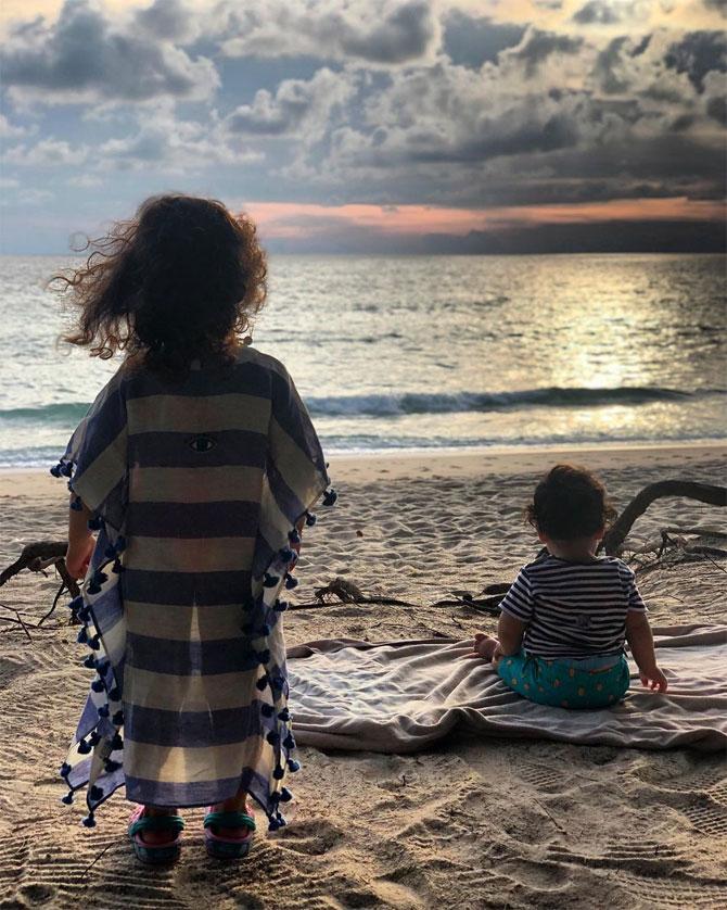 Mira Rajput Kapoor shared this adorable silhouette picture of Misha and Zain, beachside, and shared a note that read: Creator of life and light, we praise thee this day for the beauty of thy world, for sunshine and flowers, storm-cloud and starry night, for the radiance of dawn and the last smouldering calm of the sunset.