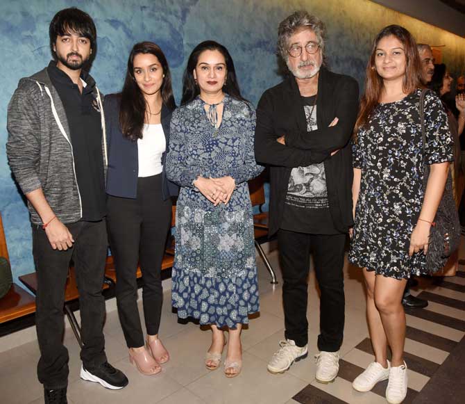 Chhichhore is basking the success after the release, and the makers have successfully impressed the audience with its time-lapse storyline of college friends. All pictures/Yogen Shah
In picture: Priyank Sharma, Shraddha Kapoor, Padmini Kolhapure, Shakti Kapoor and Tejaswini Kolhapure at the special screening in Andheri, Mumbai.