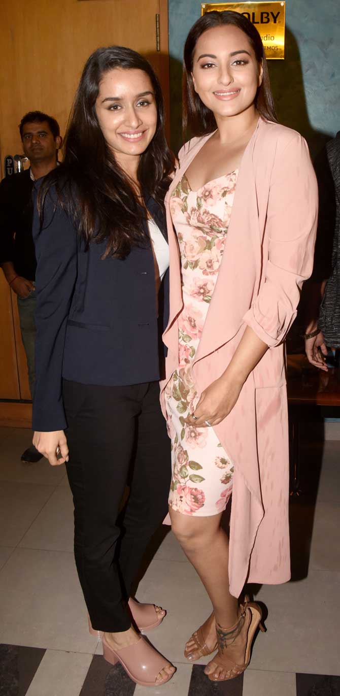 While Saaho is an out-and-out action film, Chhichhore is a slice-of-life film. Apart from this, she has Street Dancer 3D with Varun Dhawan in the pipeline.
In picture: While Shraddha Kapoor sported smart casuals, Sonakshi Sinha opted for a chic floral dress, which she paired with a peach coloured trench coat.