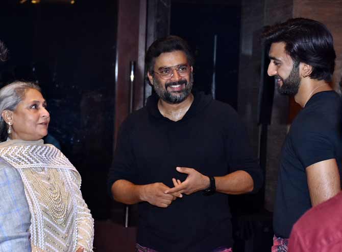 Jaya Bachchan, R Madhavan and Meezaan were caught having a conversation at the event.