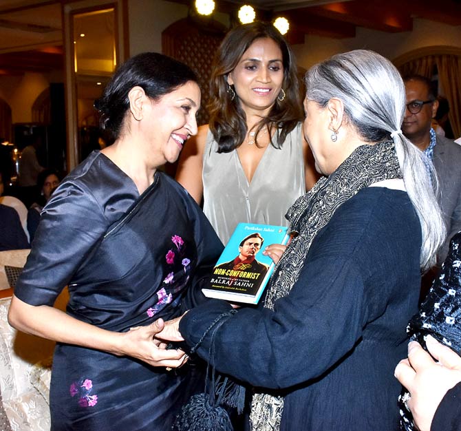 The launch was for Parikshit Sahni's book on his father's life titled 'The Non-Conformist: Memories Of My Father Balraj Sahni'.
Pictured: Actress Deepti Naval greets Jaya Bachchan.