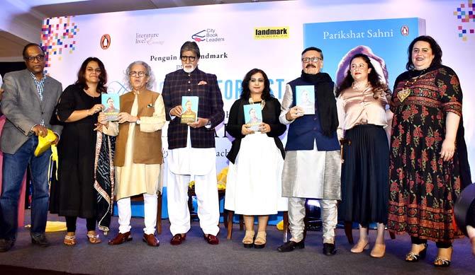 Amitabh Bachchan and Parikshit Sahni clicked on stage launching the book 'The Non-Conformist: Memories Of My Father Balraj Sahni' at a plush hotel in Bandra. 