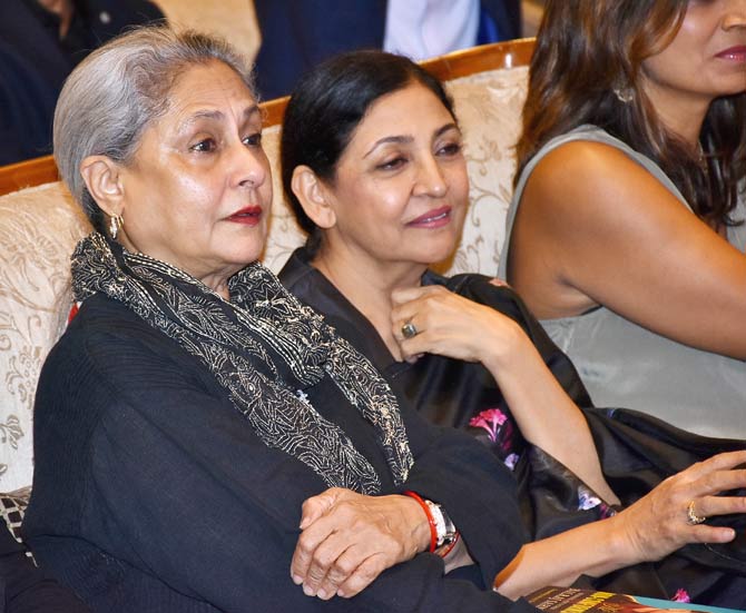 Jaya Bachchan and Deepti Naval were clicked paying rapt attention to the proceedings of the book launch event. 