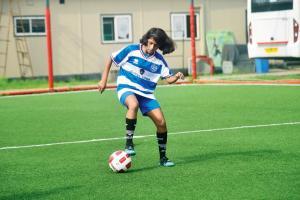 Aditi Pandire of Educo Sai Baba Path Municipal Public School (Parel) during a practice session at the Cooperage Ground in Colaba as part of the South Mumbai Junior Soccer Challenge yesterday. Pics/Atul Kmable