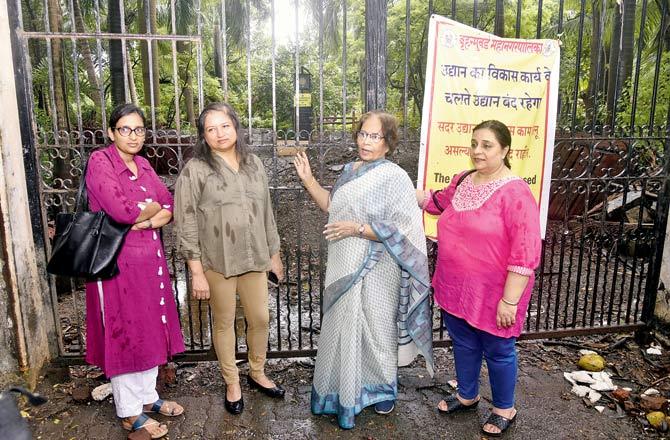 Residents Pragati Gupta, Anubha Sharma, Ela Sen and Bhavna Nagpal at Muktanand park which has been closed since May for renovation