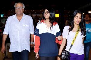 Boney Kapoor with daughters Janhvi and Khushi return from Singapore