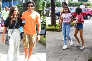 Farhan Akhtar with daughters and Shibani Dandekar on lunch outing
