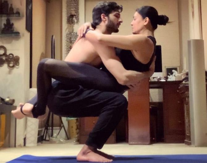 Sushmita Sen shared these series of pictures of her doing yoga with beau Rohman Shawl and wrote, 