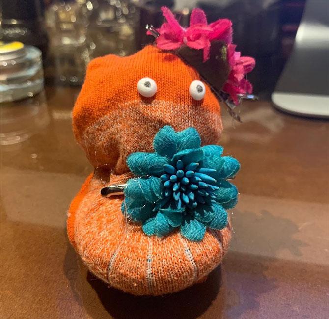 Sushmita shared this cute photo of what Alisah made with her worn-out sock and wrote, 