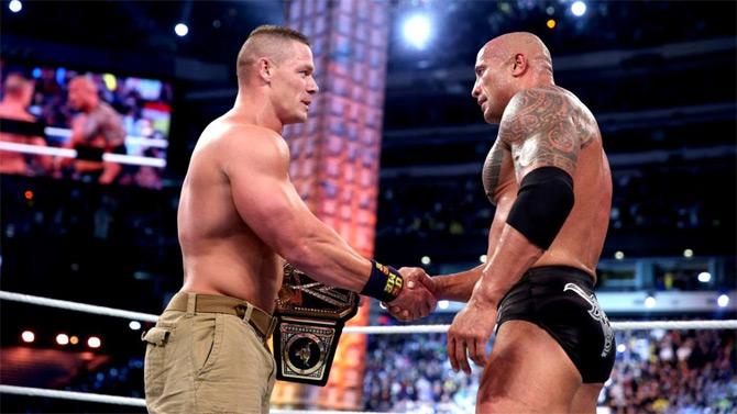The torch is passed at WrestleMania 29! The Rock defended his WWE title against John Cena in what would be part 2 of their epic rivalry. John Cena went on to defeat The Rock this time around and cement his place as top gun in WWE. 