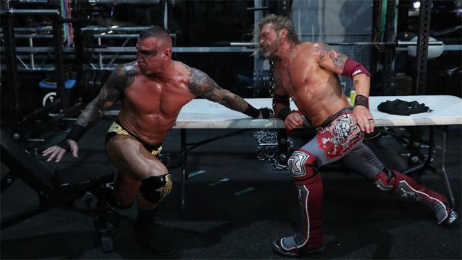 Edge and Randy Orton, familiar with each other's moves, were able to counter during the gruesome match which went into the backstage area. Edge hit the elbow with Randy on the table. Edge and Orton went to hell and back in this physically demanding match that had them attack each other with anything they could find around.