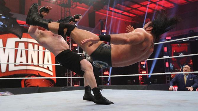 The 2020 men's Royal Rumble winner Drew McIntyre challenged Brock Lesnar for the WWE title. McIntyre went on to shockingly survive four F-5s from Lesnar.