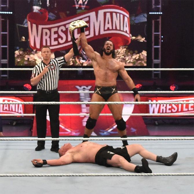 Drew McIntyre then hit three Claymore kicks onto Brock Lesnar before pinning him in shocking fashion to become the new WWE champion.