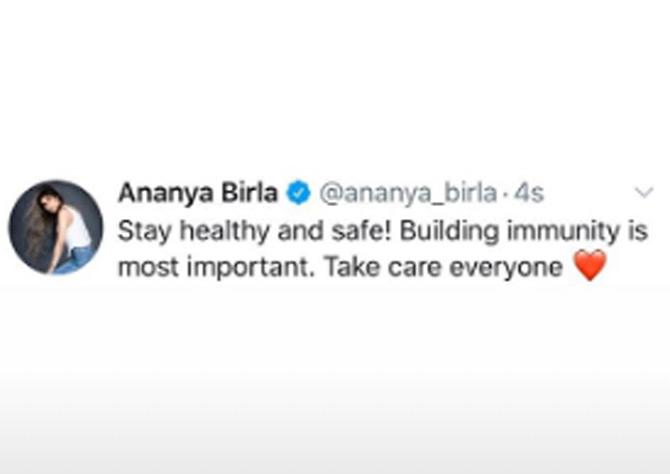 When the coronavirus outbreak broke out, Ananya Birla took to Twitter and shared a piece of advice for her followers. While praying for their safety, Ananya urged her followers to build immunity to fight the coronavirus crisis and stay at home amid lockdown.