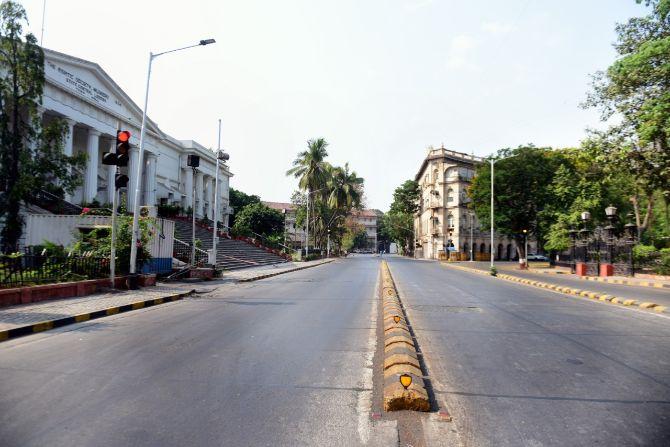 Due to the ongoing nationwide lockdown, pet owners in Mumbai on Sunday said they are experiencing a shortage of pet food and requested the Maharashtra government to allow supplies
In picture: A road in South Mumbai which is usuallye crowded lay absolutely empty amid the lockdown, without a single person in sight