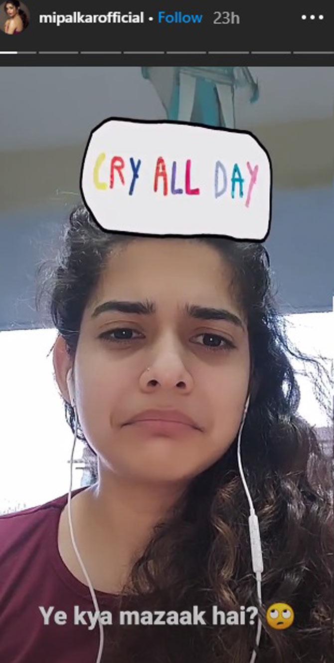 Little Things actress Mithila Palkar has been entertaining her fans on social media through her lockdown posts. Here she is trying out an Instagram filter, which has apparently told she must cry all day, and Mithila doesn't seem to have liked the suggestion! (All pictures/Mithila Palkar's Instagram account)