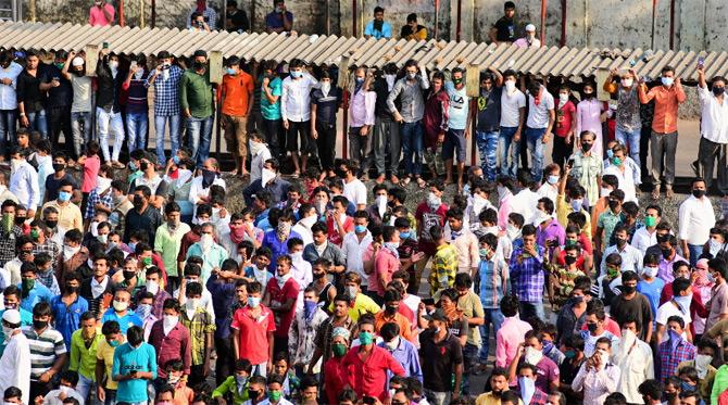On Tuesday in Mumbai, thousands of migrant labourers gathered at the Bandra Railway Station demanding that they be allowed to go back to their homes in other parts of the country. The police distributed food packets to the crowd but they refused to disperse and  started pushing and shoving, control was restored by the police after a lathi charge