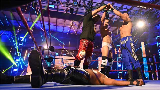 After the match, Andrade, Angel Garza and Austin Theory stood tall. Garza also won his match next against Tehuti Miles